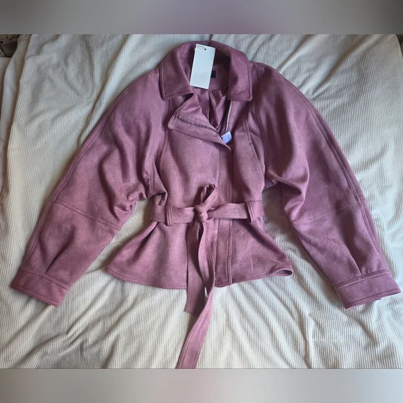 Zara Set Faux Suede Belted Jacket L+ Pencil Midi Skirt XL Lilac - Picture 7 of 12